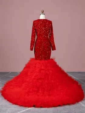 ruffled red tulle with red sequin long sleeve prom dress ruffled red tulle with red sequin long sleeve prom dress