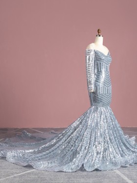 silver sequin mermaid long sleeve long train prom dress silver sequin mermaid long sleeve long train prom dress