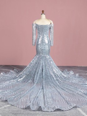 silver striped sequin long sleeve long train prom dress
