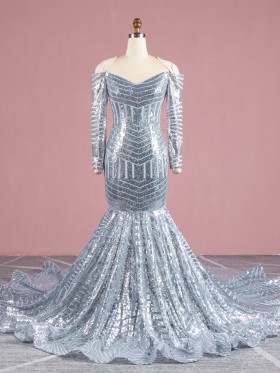 silver striped sequin off the shoulder long sleeve long train prom dress