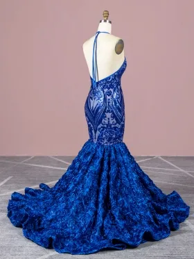 halter neck low back blue sequin 3D rosette prom dress