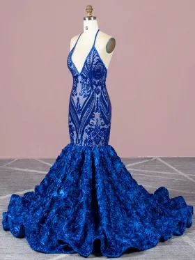 halter plunging neckline blue sequin 3D rosette long prom dress