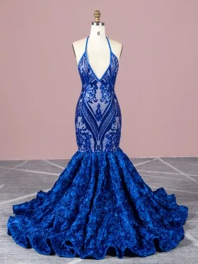 royal blue sequin 3D rosette mermaid long prom dress