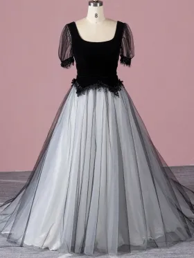 black and white short sleeve Gothic bridal gown
