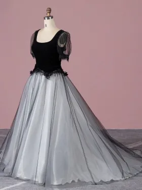 scoop neck black top with white botton bridal gown