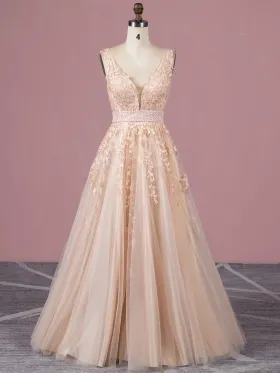champagne pearled lace appliqued floor length formal gown