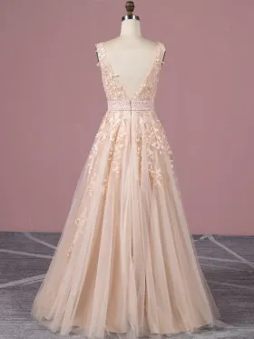 pearled lace appliqued champagne tulle and satin formal gown