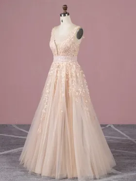 pearled leaf lace appliqued champagne formal gown