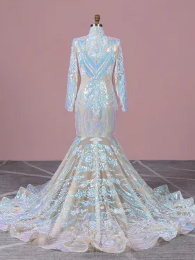 iridescent blue and pink sequin black girl prom dress