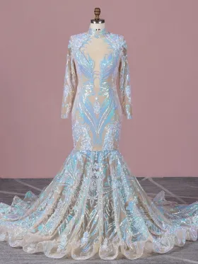 iridescent blue and pink sequin unique mermaid prom dress