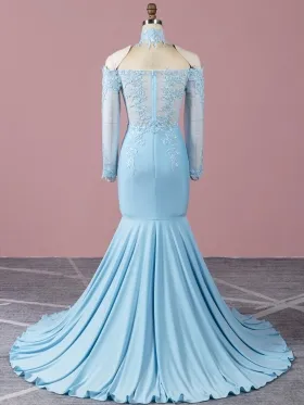 choker neck long sleeve sky blue mermaid prom dress choker neck long sleeve sky blue mermaid prom dress