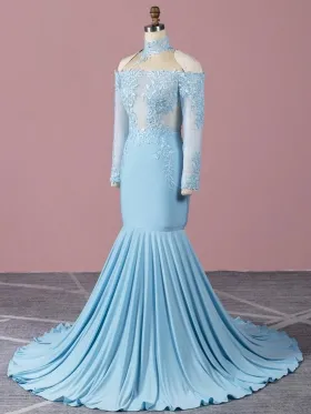 illusion lace long sleeve sky blue mermaid prom dress illusion lace long sleeve sky blue mermaid prom dress
