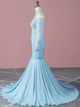 lace sleeve mermaid sky blue prom dress with a choker lace sleeve mermaid sky blue prom dress with a choker