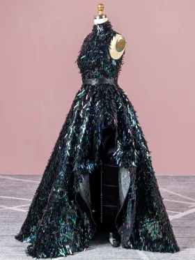 iridescent midnight longsword sequin high neck ball gown