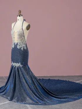 beaded halter strap navy glitter prom dress beaded halter strap navy glitter prom dress