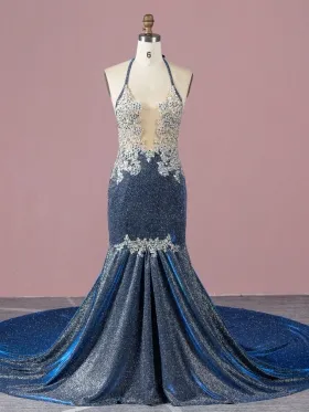 beaded sexy plunging neck navy glitter mermaid prom dress