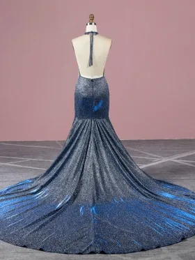 navy glitter spandex backless long train prom dress navy glitter spandex backless long train prom dress