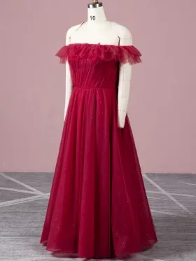 floor length dark red shimmering tulle birthday dress