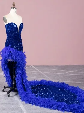 dip neck royal blue sequin and feather long train dress dip neck royal blue sequin and feather long train dress