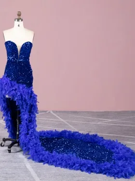 long train with feather trim glitter sequin prom gown