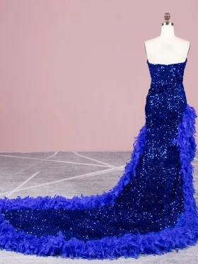 royal blue sequin with feather trim long train prom dress royal blue sequin with feather trim long train prom dress