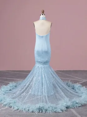 sky blue glitter with feather trim prom dress sky blue glitter with feather trim prom dress