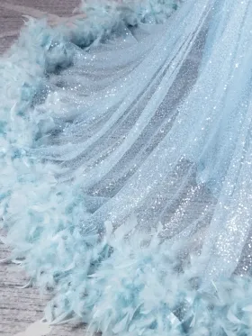 sky blue glitter with feather trimmed long train dress