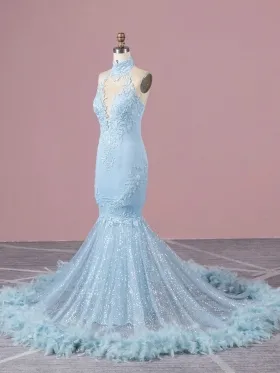 sky blue lace appliqued mermaid glitter prom dress