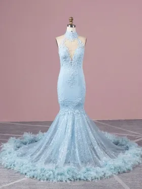 sky blue mermaid glitter feather train unique prom dress