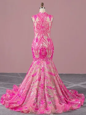 super pink unique sequin mermaid African American prom dress