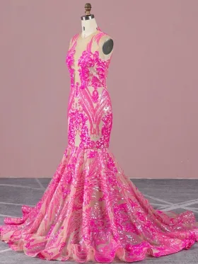 unique pattern super pink sequin mermaid prom dress