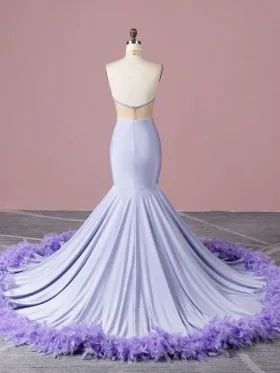 lavender spandex low back long train prom dress with feather trim lavender spandex low back long train prom dress with feather trim