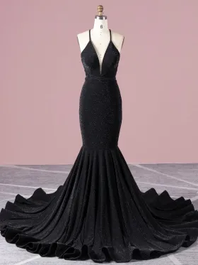 black glitter spandex long train mermaid prom dress