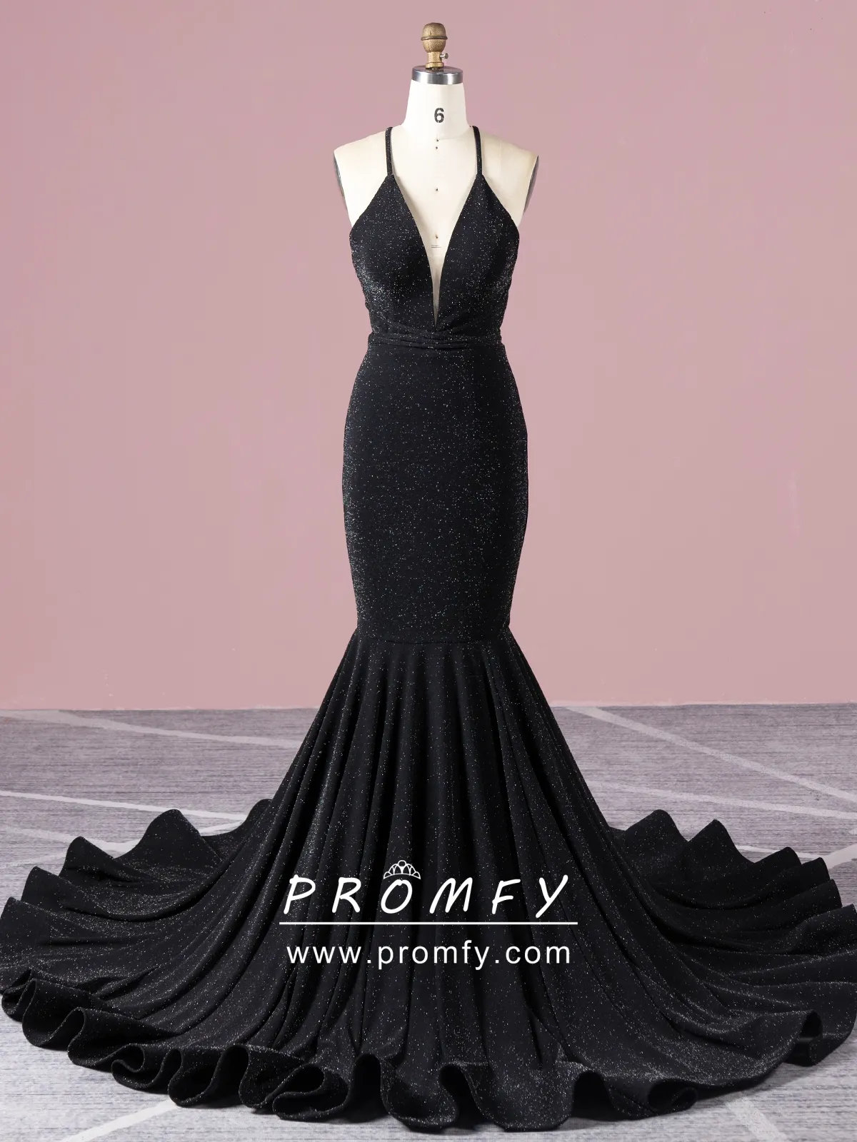 Promfy Black Glitter Spandex Long Train Mermaid Prom Dress