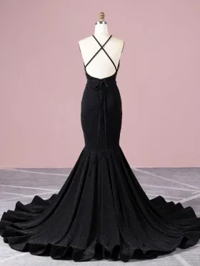 low back with spaghetti straps black glitter prom dress