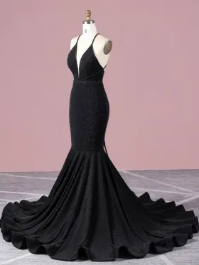 plunging neck black glitter spandex mermaid long train prom dress