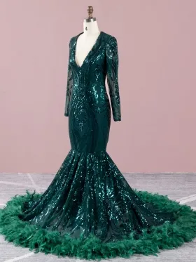dark green sequin mermaid prom dress with feather long train dark green sequin mermaid prom dress with feather long train