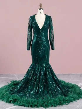 unique pattern dark green sequin and feather prom dress
