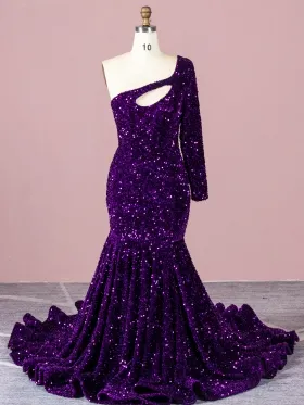 eggplant sequin cut out one sleeve mermaid stunning prom dress