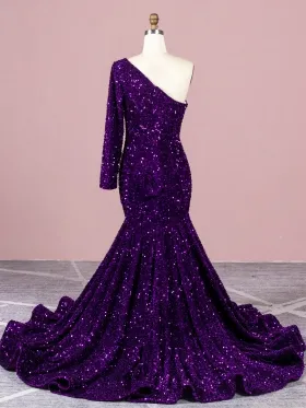 one sleeve eggplant sequin mermaid prom dress