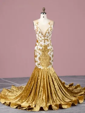 white lace appliqued gold crystal velvet long train prom dress