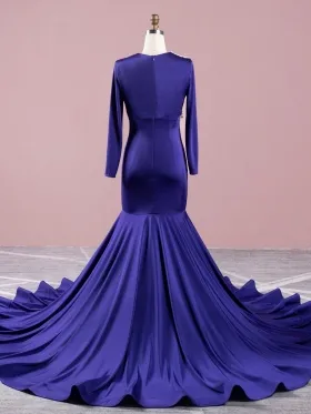 grape spandex mermaid long sleeve long train prom dress