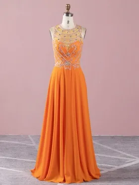 dazzling beaded orange chiffon A line long prom dress