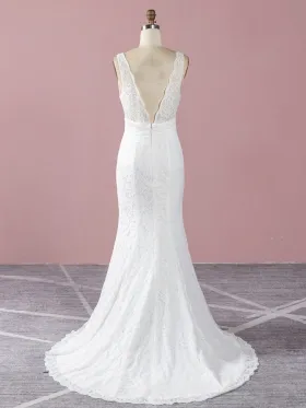 scalloped V back ivory lace mermaid wedding dress