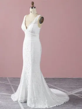 sleeveless V neck ivory lace mermaid wedding dress