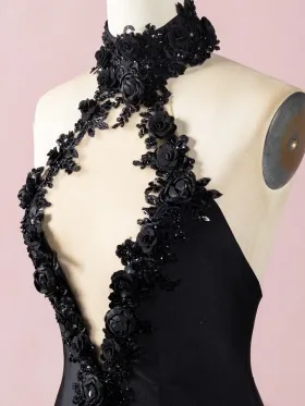 beaded 3d flower halter high neck prom dress