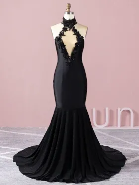 beaded black 3d floral mermaid prom dress