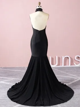halter high neck low back black mermaid prom dress