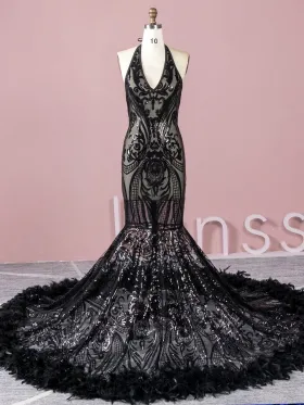 black geometric pattern sequin long train prom dress