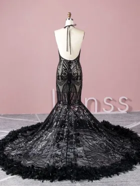 halter strap low back black sequin long train dress halter strap low back black sequin long train dress